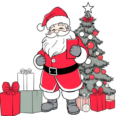 Coloriage : Noël – Le Père Noël avec des cadeaux sous le sapin