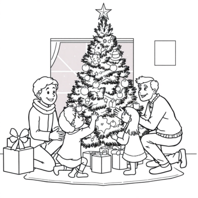 Livre de coloriage : Noël – La famille décore le sapin ensemble