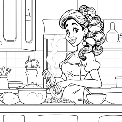 Coloriage : Tiana cuisine dans la cuisine