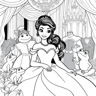 Coloriage : Tiana au bal avec les princes et les grenouilles