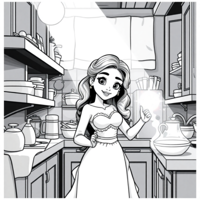 Coloriez: Tiana dans la cuisine avec la lumière magique