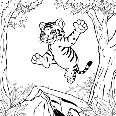 Livre de coloriage : Le tigre saute dans les arbres