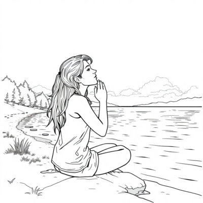 Coloriage : Apaisement – Profonde respiration au bord du lac
