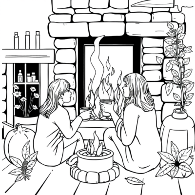 Coloriage : Apaisement – Tisane au coin du feu