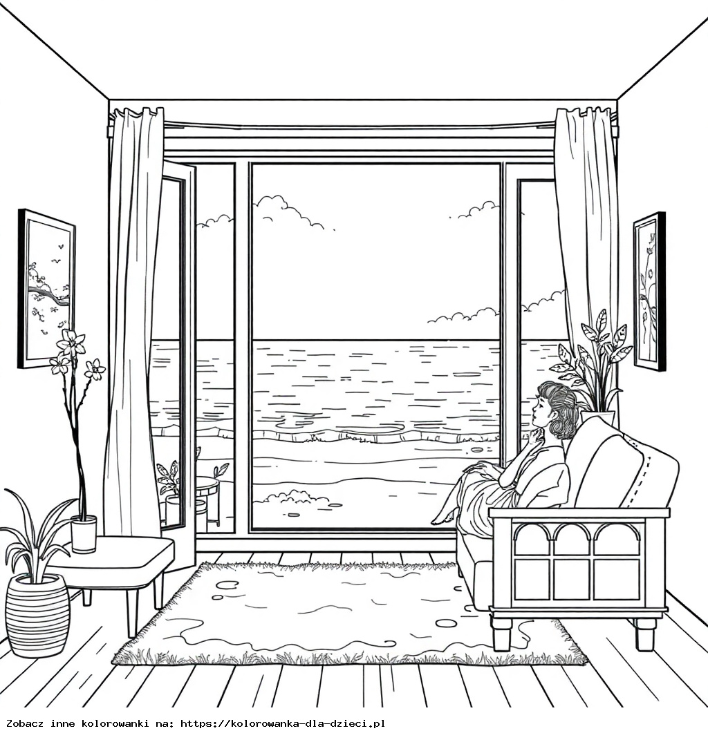 Colorier : Apaisement – Soupir dans une pièce calme avec vue sur la mer