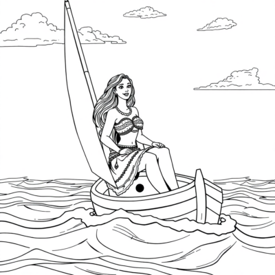 Livre de coloriage : Vaiana navigue en bateau sur l’océan