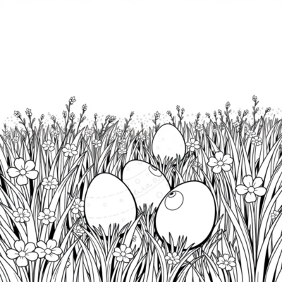 Livre de coloriage : Prairie de printemps avec des œufs
