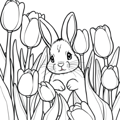 Livre de coloriage : Petit lapin se cachant parmi les tulipes