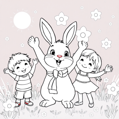Page à colorier : Lapin célébrant avec des enfants