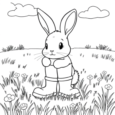 Livre de coloriage : Lapin en bottes sur le pré