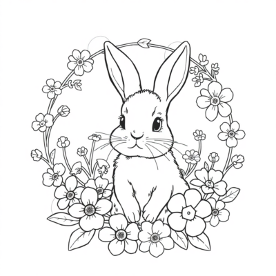 Livre de coloriage : Un petit lapin dans une couronne de fleurs