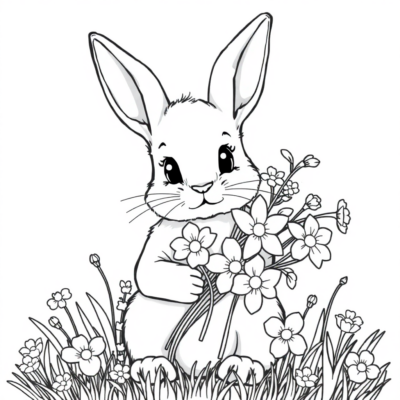 Livre de coloriage : Petit lapin avec un bouquet de fleurs printanières