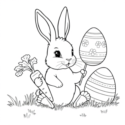 Livre de coloriage : Lapin avec carotte et œuf de Pâques