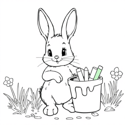 Livre de coloriage : Lapin avec un seau de peinture