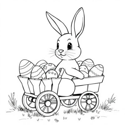 Coloriage : Le petit lapin avec sa poussette pleine d’œufs de Pâques