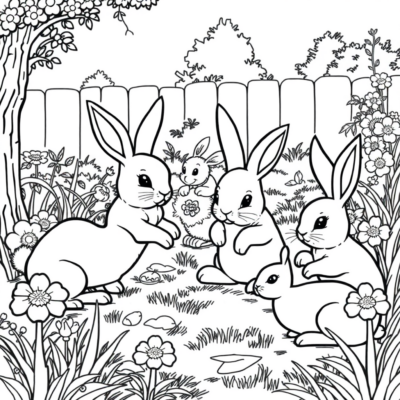 Coloriage : Petits lapins jouant dans le jardin