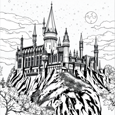 Livre de coloriage : Château de Poudlard la nuit