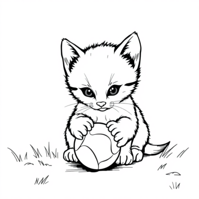 Coloriage : Animaux – Un petit chat joue avec une balle
