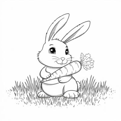 Livre de coloriage : Animaux – Petit lapin avec une carotte dans le pré