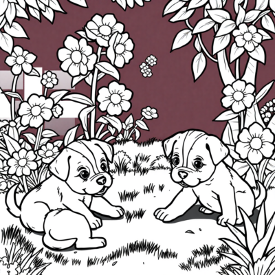 Livre de coloriage : Petits chiens s’amusent dans le jardin