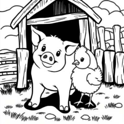 Livre de coloriage : Animaux – Cochon et poussin à la ferme