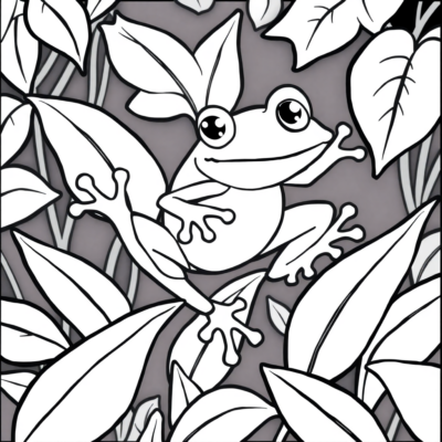 Coloriage : Animaux – La grenouille saute sur les feuilles