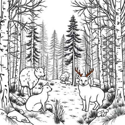 Coloriage : Animaux – Animaux dans la forêt en hiver