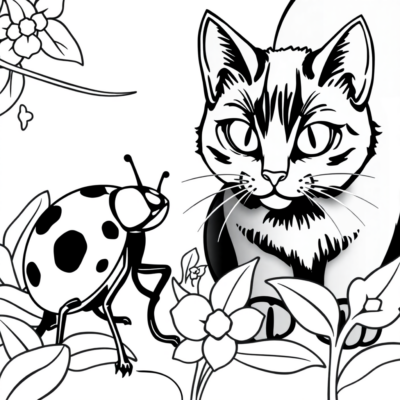 Coccinelle et Chat Noir Coloriage