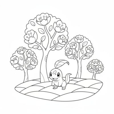 Coloriage : POKÉMONS – Chikorita parmi les arbres en fleurs