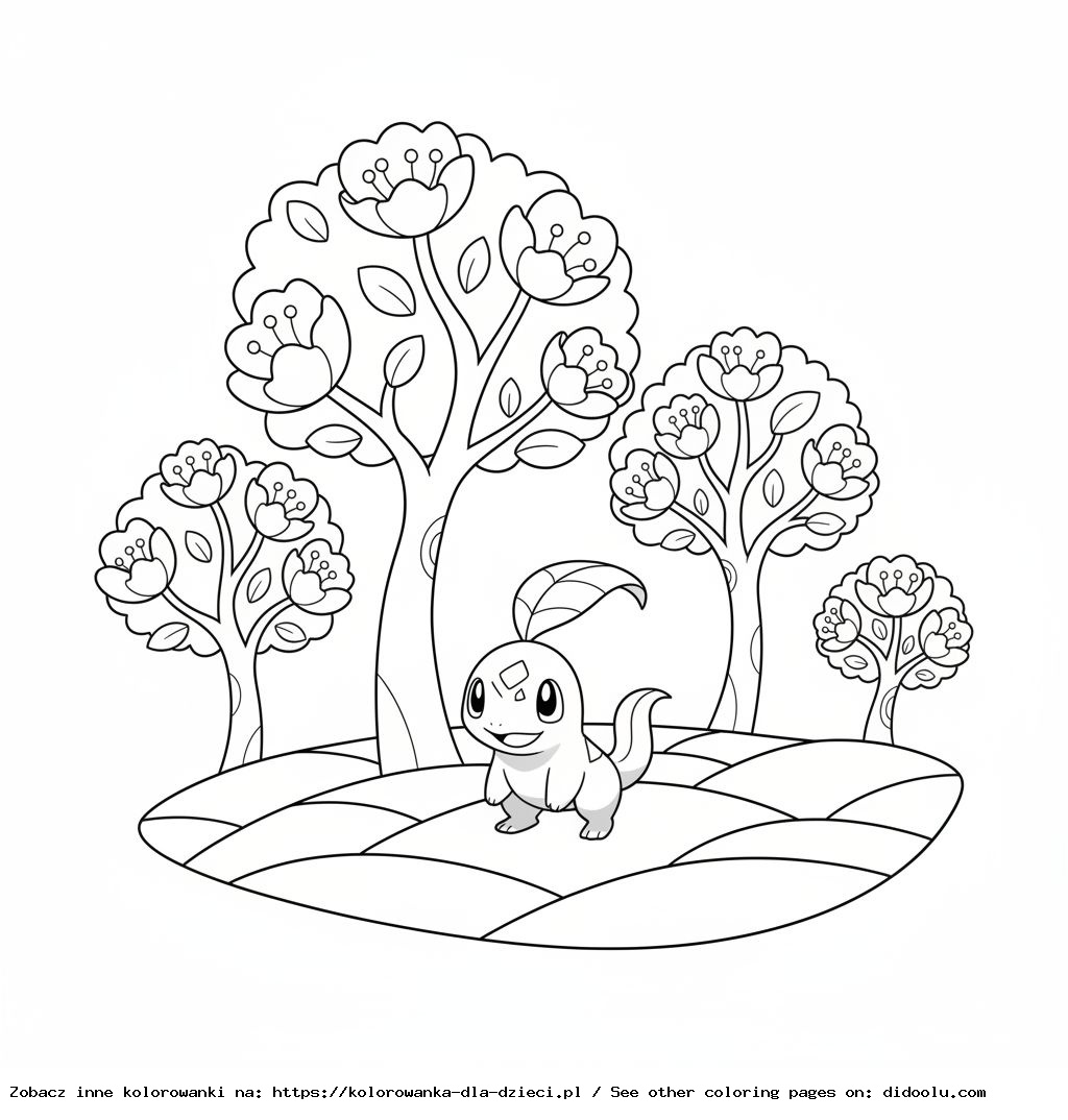 Coloriage : POKÉMONS – Chikorita parmi les arbres en fleurs