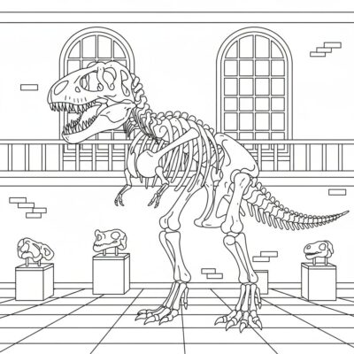 Livre de coloriage : Dinosaure – Squelette de dinosaure au musée
