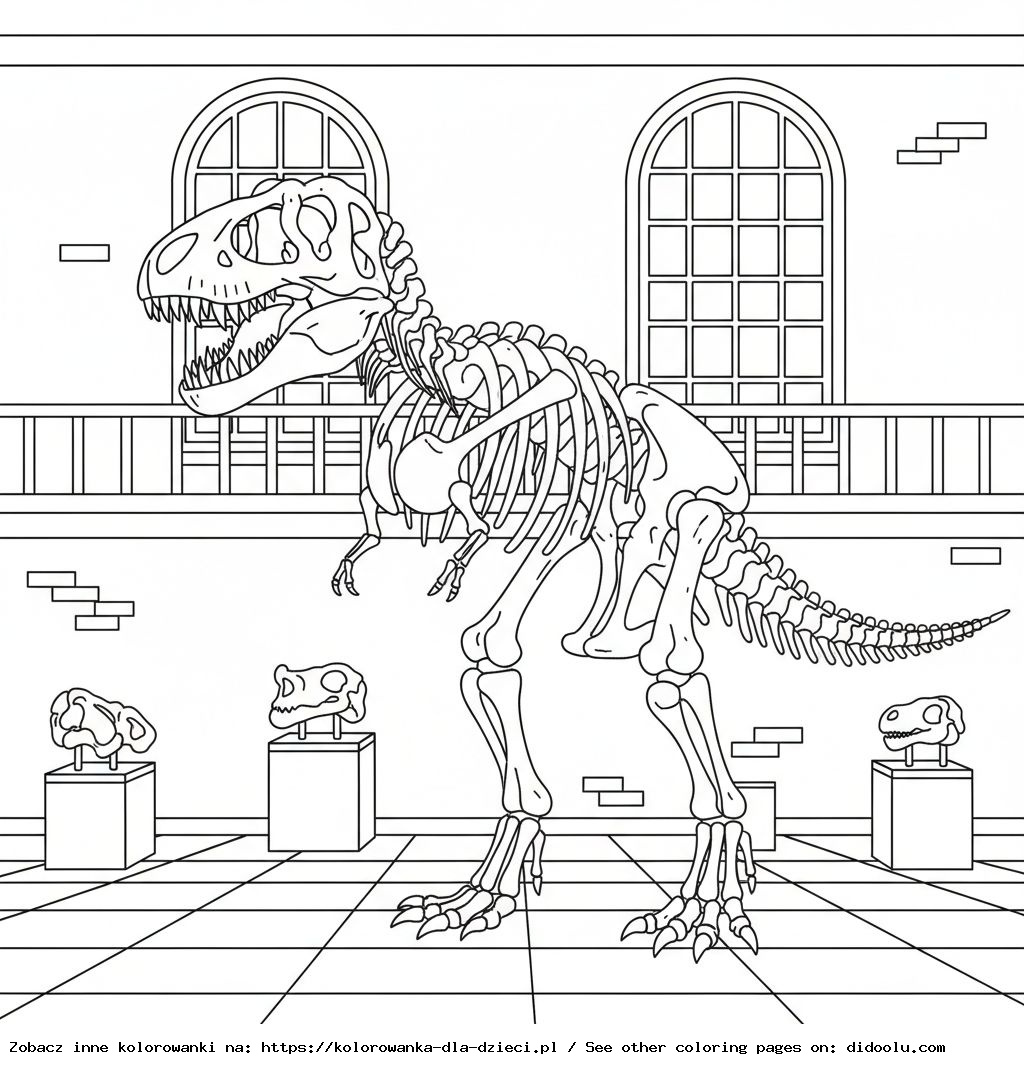 Livre de coloriage : Dinosaure – Squelette de dinosaure au musée