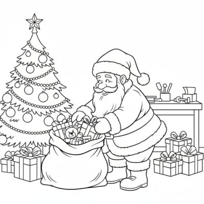 Livre de coloriage : Noël – Le Père Noël emballe des cadeaux dans son atelier