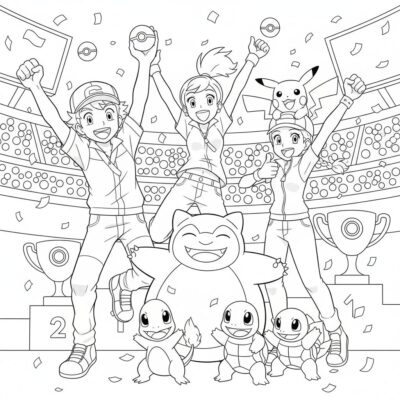 Livre de coloriage : POKÉMONS – Les entraîneurs célèbrent leur victoire