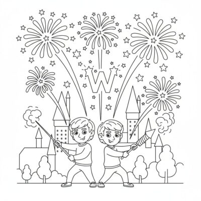 Coloriage : Fred et George avec des feux d&rsquo;artifice
