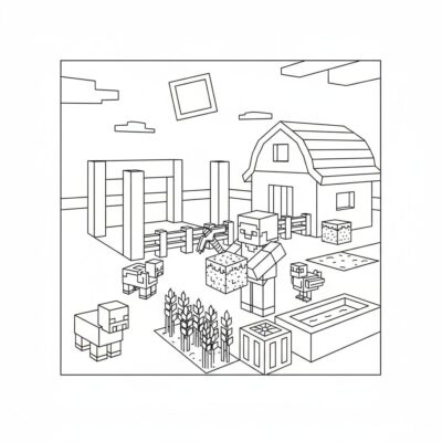 Livre de coloriage : Minecraft – Construire une ferme en blocs