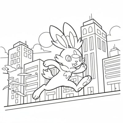Livre de coloriage : POKEMON – Scorbunny court à travers la ville