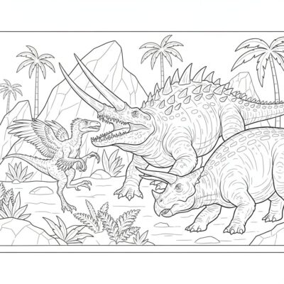Livre de coloriage : Dinosaure – Styracosaure en lutte contre d&rsquo;autres dinosaures