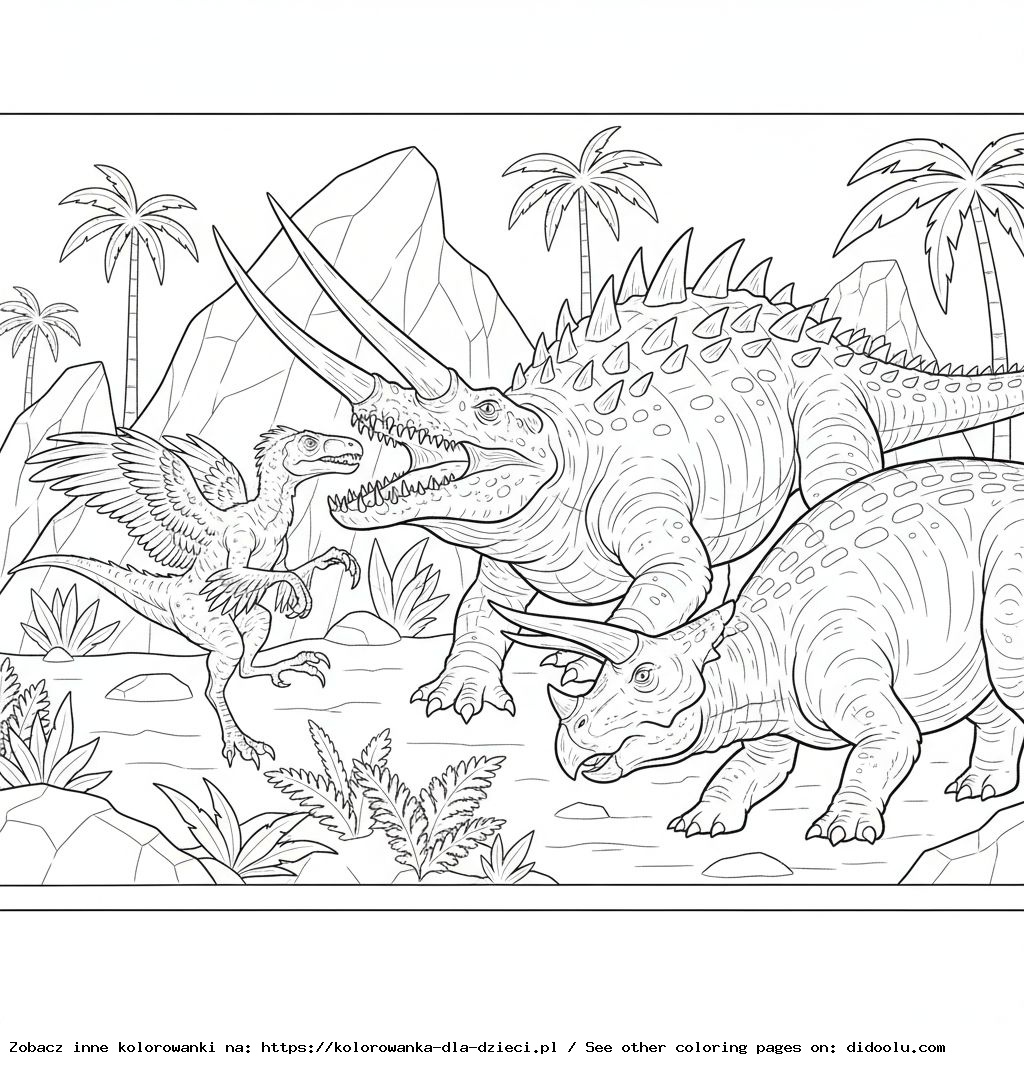 Livre de coloriage : Dinosaure – Styracosaure en lutte contre d&rsquo;autres dinosaures