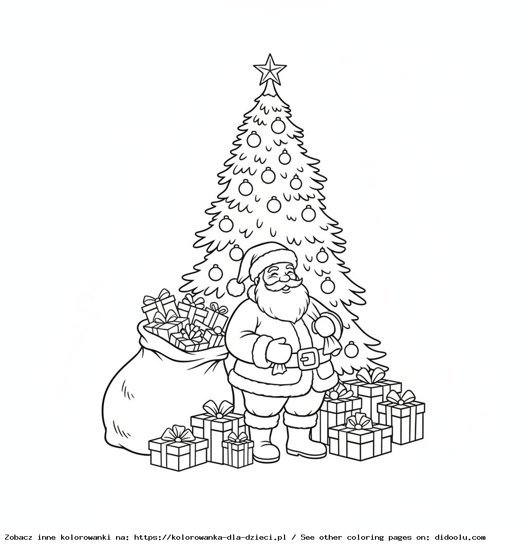 Coloriage : Noël – Le Père Noël avec des cadeaux sous le sapin