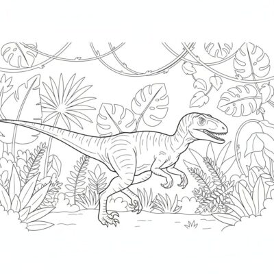 Coloriage : Dinosaure – Velociraptor courant à travers la jungle