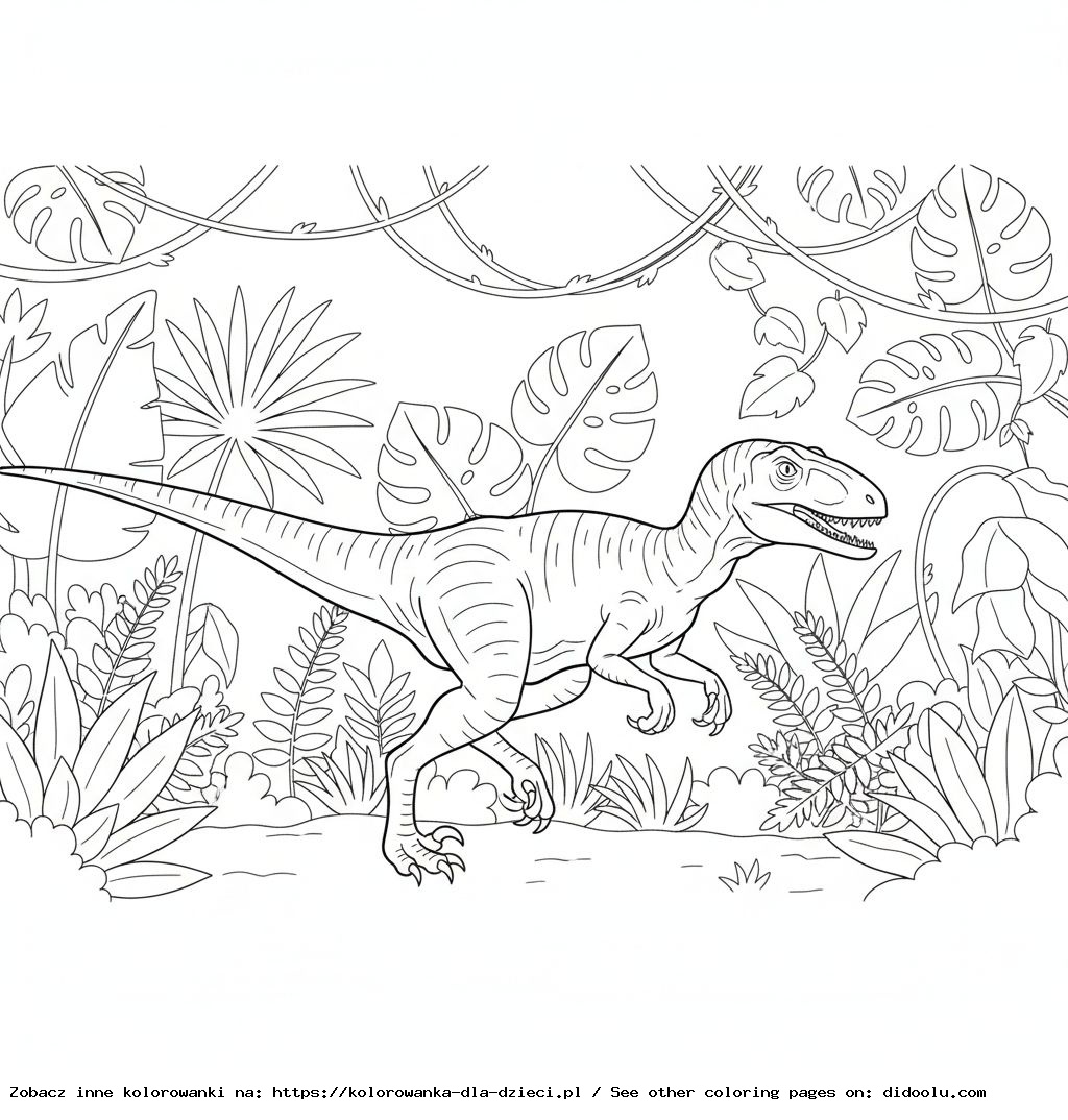Coloriage : Dinosaure – Velociraptor courant à travers la jungle