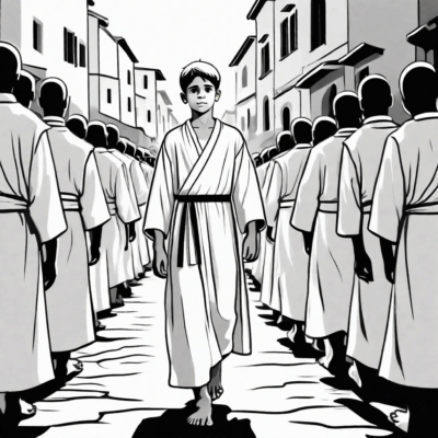 Un garçon en aube blanche marchant en procession