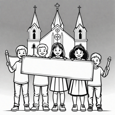 Enfants tenant des drapeaux d’église – coloriage