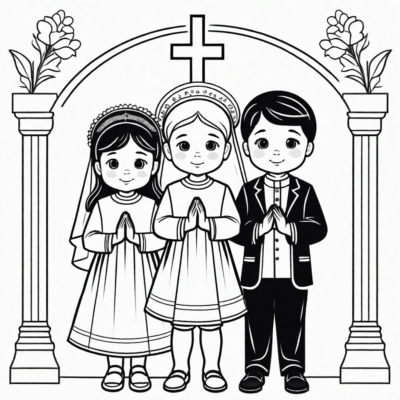 Enfants en tenues de première communion pour la Fête-Dieu – coloriage