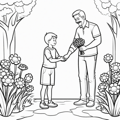 un enfant offre des fleurs à son papa – coloriage