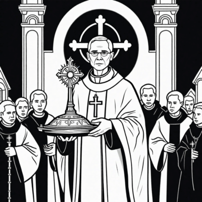 Prêtre portant l’ostensoir lors d’une procession – coloriage éducatif