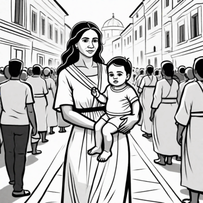 Mère et enfant participant à la procession