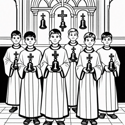 Enfants de chœur avec des cloches lors du Corpus Christi – coloriage à imprimer
