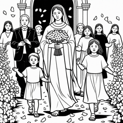 Procession du Corpus Christi avec des enfants répandant des fleurs – coloriage éducatif